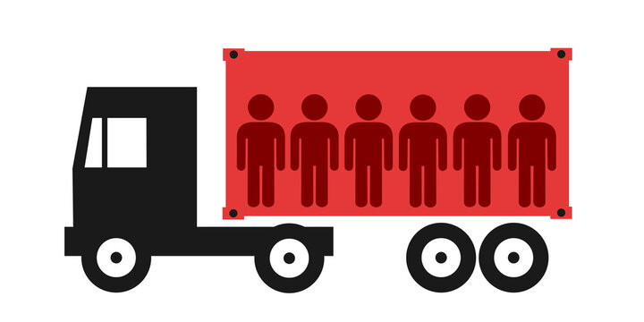 Human trafficking - people, men and persons are transported as cargo, freight and load in truck and lorry. Vector illustration isolated on white.