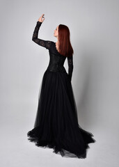 full length portrait of  woman wearing black gothic dress,  Standing pose  against a studio...