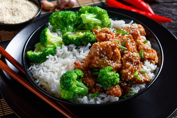 General Tso’s Chicken with rice in a bowl