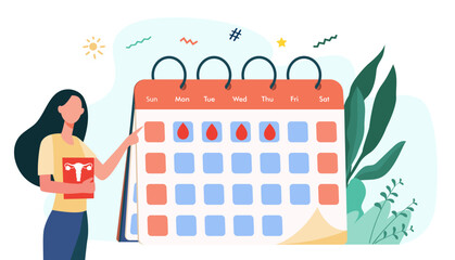 Woman checking menstruation calendar. Period, blood, lady flat illustration. Female health and organism concept for banner, website design or landing web page