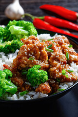 General Tso’s Chicken with rice in a bowl
