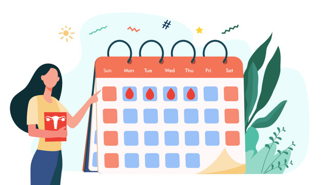 Woman checking menstruation calendar. Period, blood, lady flat illustration. Female health and organism concept for banner, website design or landing web page