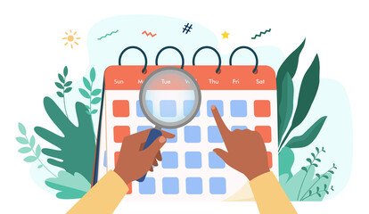 Hands with magnifier checking calendar. Magnifying glass, date, day flat vector illustration. Time and planning concept for banner, website design or landing web page