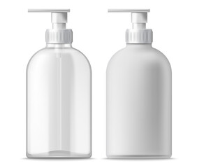 Set of two clear and white blanc dispensers. Realistic. 3D mockup product placement