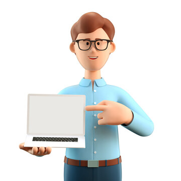 3D illustration of smiling happy man pointing finger at blank screen laptop computer. Cartoon businessman character, isolated on white background.