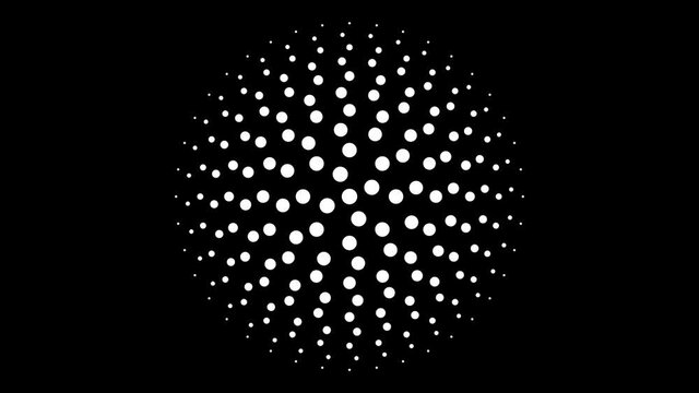 Circular monochrome seamless dot pattern 4K animation with 4 fold rotational symmetry, circles orbit in a synchronised mathematical geometric structure