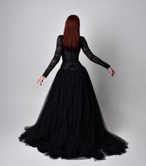 full length portrait of  woman wearing black gothic dress,  Standing pose  against a studio background.