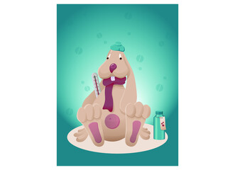 Sick sad bunny with fever, thermometer and warmer.
Picture to make small patients more confident and fearless. Picture for pet clinic