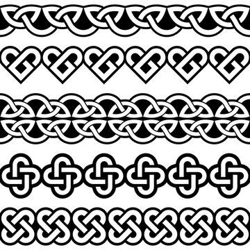 Irish Celtic vector seamless vector braided patterns collection, border and frame design, perfect for greeting cards, St Patrick's Day celebration
