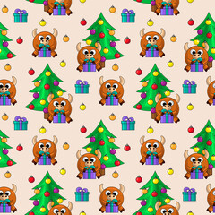 Seamless vector pattern with bull, Christmas tree and gift
