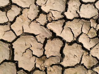 Dry barren lifeless soil during summer heat, soil erosion due to global warming, pattern of cracks in the ground