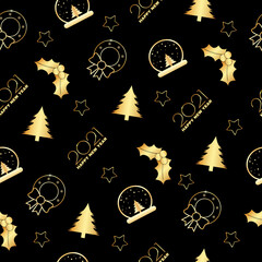 Christmas attributes seamless pattern for New Year and Christmas designs. Tree, holly, snowball, stars, happy new year 2021. Festive design template for wrapping paper.