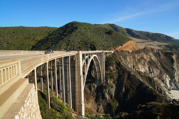 Landscape of Bixby Creek Bridge on beautiful West Coast and pacific ocean at Big Sur Monterey California United states USA - Travel Beautiful Road Trip Concept - Nature Background