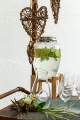Refreshing and flavored drinks stand at the reception.
