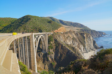 Landscape of Bixby Creek Bridge on beautiful West Coast and pacific ocean at Big Sur Monterey California United states USA - Travel Beautiful Road Trip Concept - Nature Background