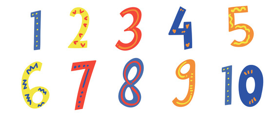 Kids Colored Cartoon Number Set. Vector set of 1-10 digit childish icons. school Mathematical Symbols. Vector illustration.