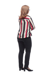 rear view. casual woman looking at a white screen