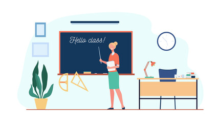 Happy teacher welcoming students in classroom, standing at blackboard with Hello Class inscription. Vector illustration for back to school, education concept