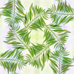 Seamless patterns. Collage of leaves on a watercolor background. Exotic flowers. Watercolor drawing. Decorative composition. Use printed materials, signs, items, websites, maps.