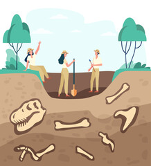 Group of archeologists discovering fossils, digging ground with dinosaur bones. Vector illustration for archeology, paleontology, science, expedition concept © PCH.Vector