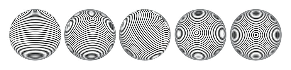 3D geometric striped rounded shape. Sphere. Trendy Illusion effect. The Ball. Black color. Stylised modern minimalistic graphic design. Decoration element. Vector EPS 10. 