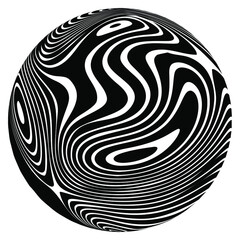 Abstract rippled or black lines pattern with wavy vibrant facture on white background and texture. Round shape. Graphic design element. Vector illustration. 