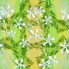 Seamless pattern. Jasmine flowers on a watercolor background. Collage of flowers. Exotic flowers. Decorative composition. Use printed materials, signs, objects, sites, maps.
