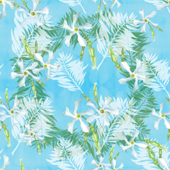 Fototapeta na wymiar Seamless pattern. Jasmine flowers on a watercolor background. Collage of flowers. Exotic flowers. Decorative composition. Use printed materials, signs, objects, sites, maps.