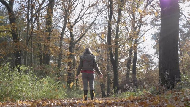 Medium shot woman tosses autumn leaves in the air. Slow motion 4K