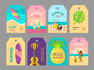 Trendy tags design for Hawaiian resort. Bright graphic elements with promotional text and tropical elements. Hawaii vacation and summer concept. Template for greeting labels or invitation card