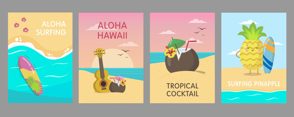 Colorful Hawaiian posters design with sea beach. Vivid bright tropical elements and fruit characters. Hawaii vacation and summer concept. Template for promotional leaflet or flyer