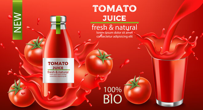 Bottle Of Fresh And Natural Bio Juice Submerged In Flowing Liquid And Tomatoes With A Cup Splashing Fluid. Place For Text. Realistic 3D Mockup Product Placement