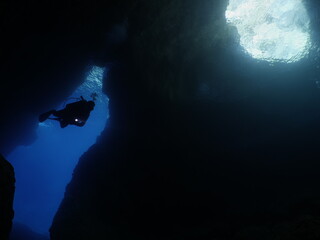 scuba divers enjoying the topography and fauna underwater ocean scenery 