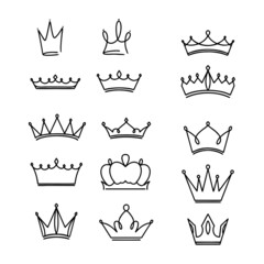 Crowns Set. Cute hand draw sketch. Cartoon style silhouette & outline. For production of the pattern, children's clothing, greeting card, poster, wallpaper.