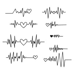 Heartbeat banner scribble set hand drawn with thin line, divider shape. Isolated on white background. Vector illustration