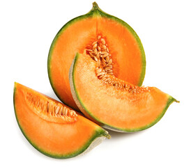 Half of the cantaloupe melon and a piece of melon are isolated on a white background.