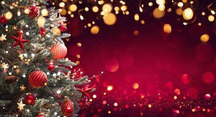Christmas Tree With Decorations And Glitter. Winter Holiday Background