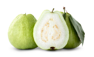 Beautiful guava fruit with fresh leaves isolated on white background.