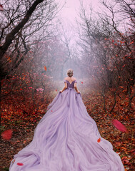 Art fantasy beautiful woman queen walk in autumn mystic forest, orange leaves bare trees. Magic...