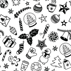 Christmas seamless background, new year seamless background. Hand drawn, isolated on a white background. Vector illustration