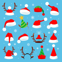 Christmas holiday hat. Funny 3d elf, snow reindeer and Santa Claus hats for noel. Elves clothes isolated vector set