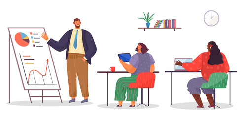 Business meeting or working process. Women sitting in office at a table with laptop, man explains statistical charts. Project management and teamwork concept. Businessman make a financial report