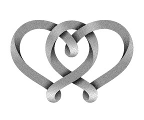 Vector sign of the union of two hearts made of stippled mobius stripe. Symbol of eternal love.