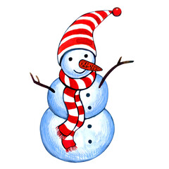 Cute Snow Man - winter abd Christmas image. Isolated element on white background. Watercolor illustration.