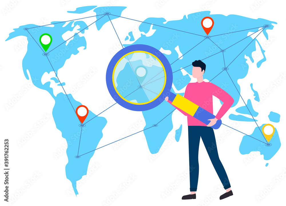 Poster man researching map of world vector, person with tool for analysis and research. businessman zooming