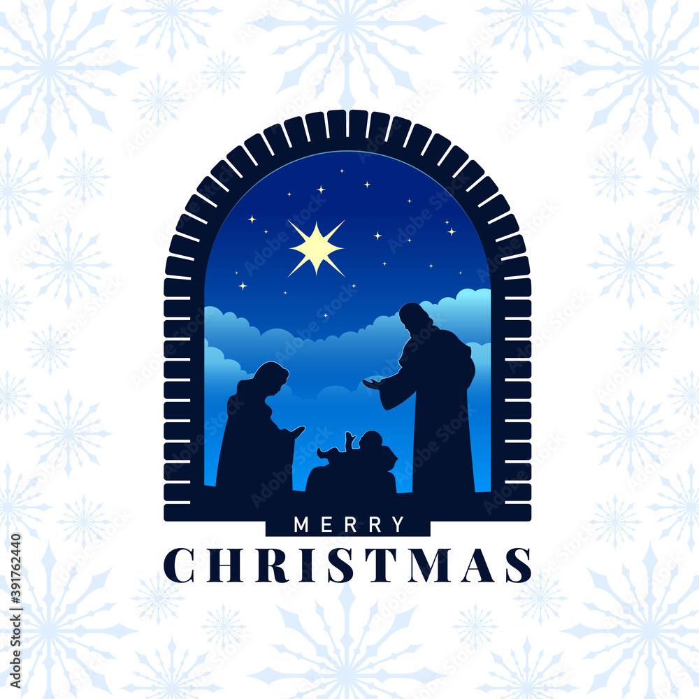 Wall mural Merry christmas - the birth of jesus banner with Nativity of Jesus scene and star light in Stone Archway on snow texture background vector design - Wall murals