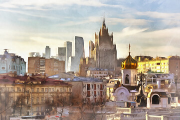 Moscow cityscape colorful painting looks like picture