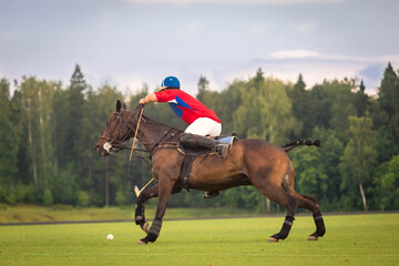 A horse polo player gallops into the attack with a hammer in his hand.