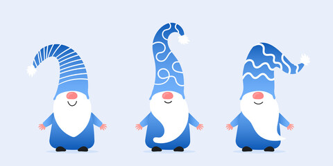 Set of cute christmas gnomes in funny hats in blue color. Vector illustration of northern elfs, cartoon scandinavian dwarfs. Xmas elements for design, invitations and greeting cards