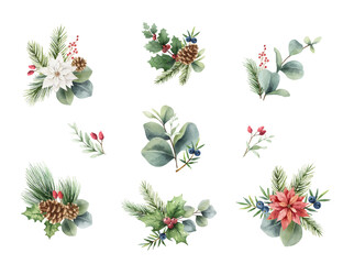 Watercolor vector Christmas set of bouquets.